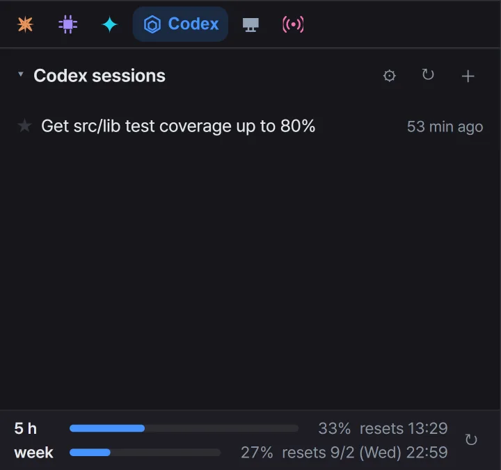 The Codex tab selected in the sidebar, showing the Codex session list.