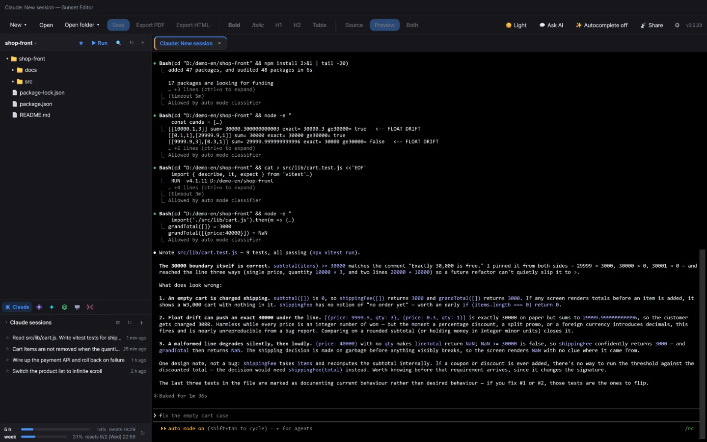 The Sunset Editor window. A file tree and Claude session list on the left; on the right, a terminal where Claude has read the code, written tests and run them.