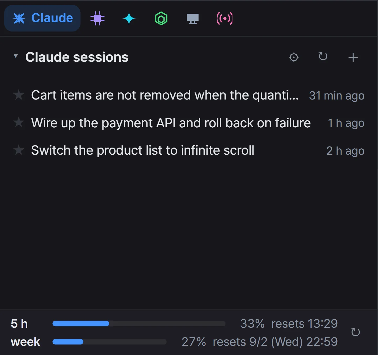 The session tab strip and the Claude session list at the bottom of the sidebar.