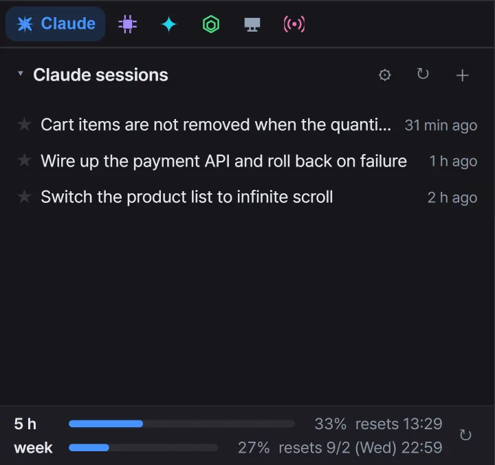 The sidebar tab strip and the Claude session list, each session showing its title and when it was last used.